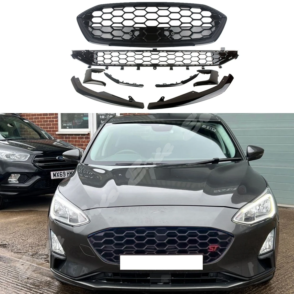 Front Bumper Trim Cover Grill Upper Lower Grille Fit For Ford Focus 2019 2020 Glossy Black