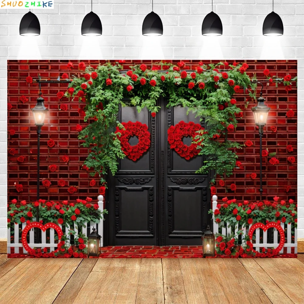 Happy Valentine's Day Backdrops for Photography Red Rose Shop Love Heart Toy Bear Brick Wall Wedding Bridal Shower Background