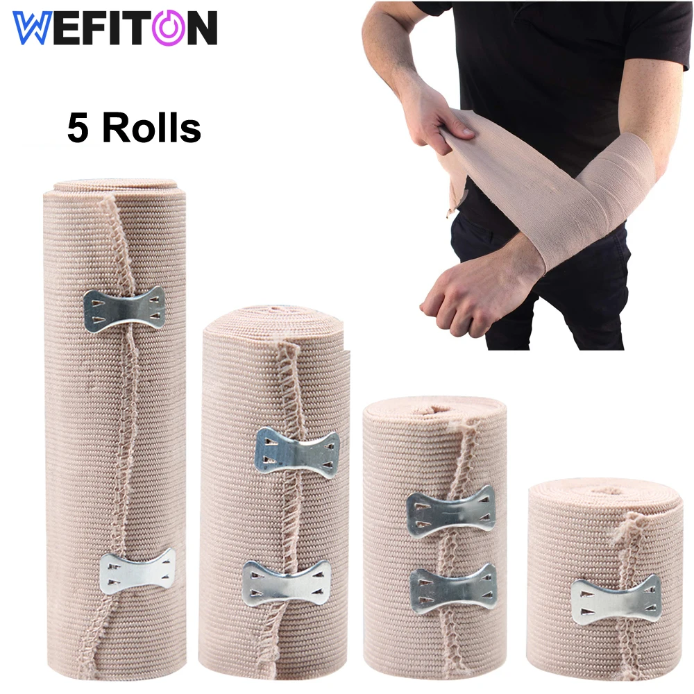 5Rolls Elastic Compression Bandage Wrap with Hooks,Athletic Sport Support Tape for Ankle,Wrist,Arm,Leg Sprains First Aid Measure