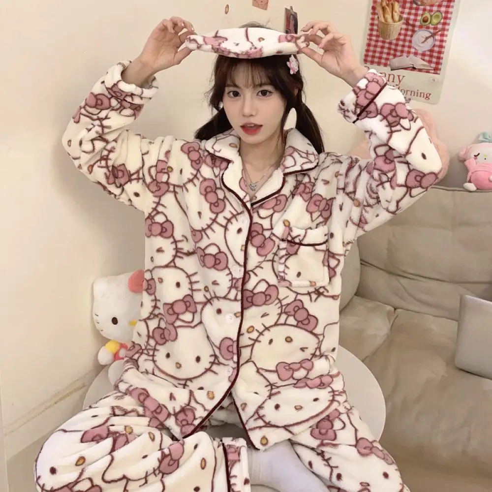 Sanrio Cartoon Hallo Kitty Korallen Samt Homewear Anime Frauen 2Pcs Plüsch Pyjamas Set Kawaii Herbst Homewear Verdicken Mädchen Nette