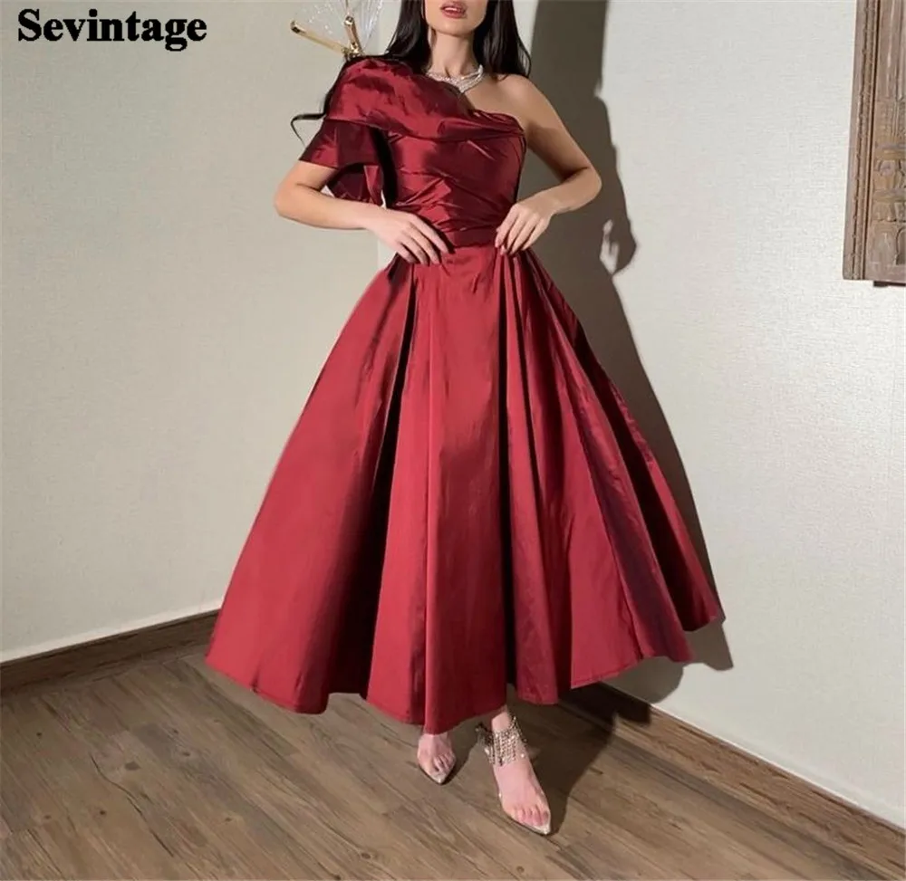 

Sevintage A Line Midi Saudi Arabia Evening Dresses One Shoulder Satin Pleats Prom Gowns Ankle-Length Women Formal Party Dress