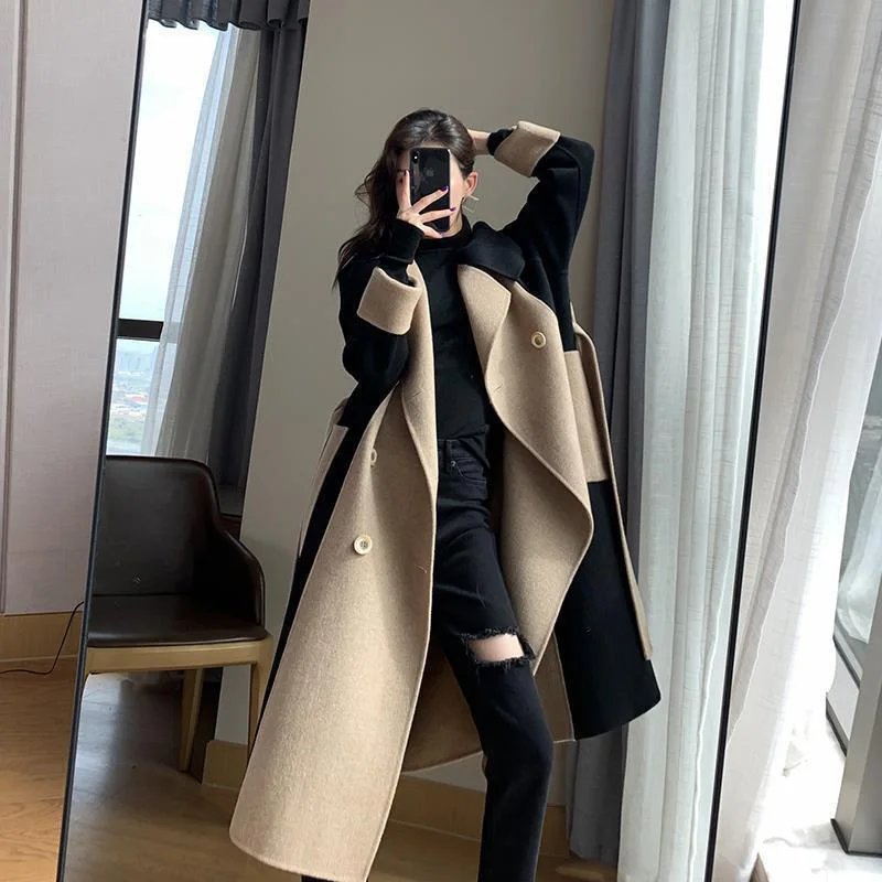 

Winter Coat For Women New Stitching Contrast Chic Elegant Woolen Blend Long Jackets With Belt Lapel Double-Breasted Hepburn Wind