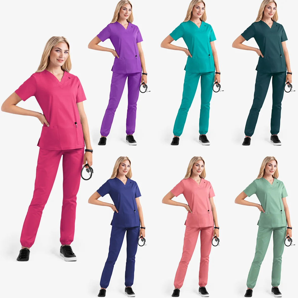 Design Women Joggers Set Short Sleeve Hospital Uniforms Sets Scrubs Medical