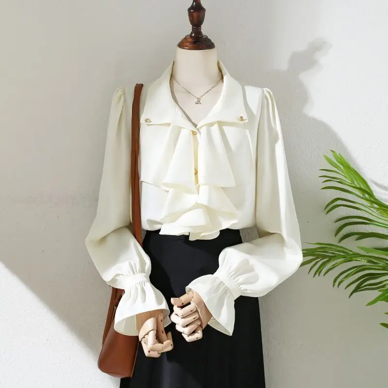 2025 Autumn New Women's Blouse Long Sleeve Shirt Court Style Bell Sleeve Design Elegant Blouse
