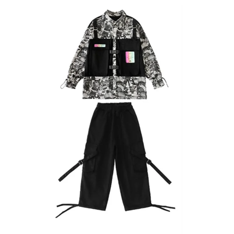 Boys Hip Hop Patchwork Graffiti Jacket Cargo Pants Girls Street Dance Coat Clothes Sets Kids Streetwear Children Jazz Costumes