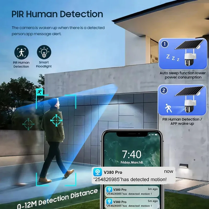 กล้อง PTZ พลังงานแสงอาทิตย์ 4G 5.0MP, 2K HD, การติดตามอัตโนมัติ, เสียง IP, V380 Pro, กล้องวงจรปิด, แบตเตอรี่ในตัว, การรักษาความปลอดภัยกลางแจ้ง