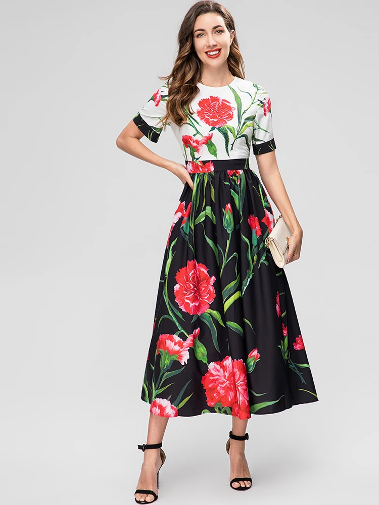 

MoaaYina Fashion Designer dress Summer Woman's Dress Short Sleeve Beading Flower Printing Patchwork Dresses