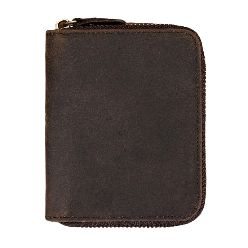 

Men's Luxury Vintage Crazy Horse Leather Zippered Short Wallet Purse with Coin Pocket Top Grain Cowhide for Handbag