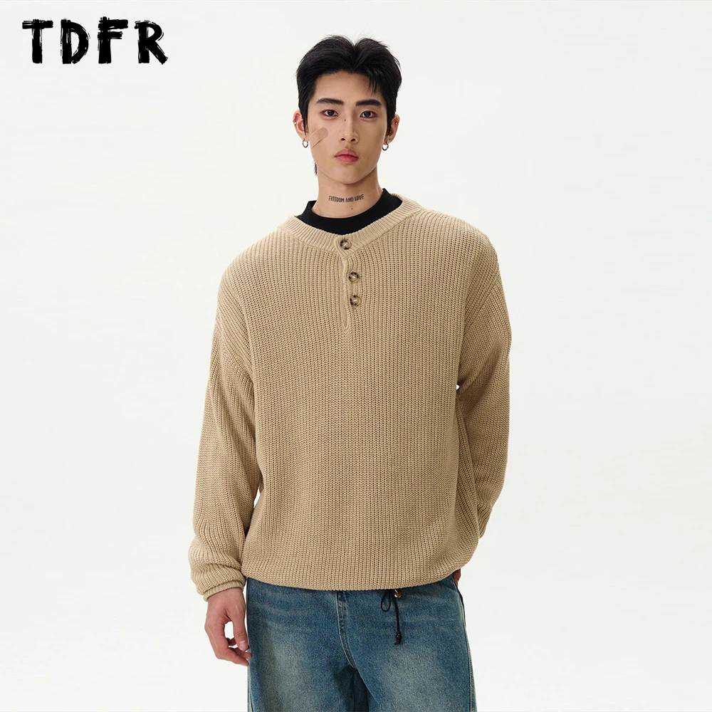 Solid Color Henley Collar Sweater Mens Retro Casual Streetwear Autumn Winter Loose Long Sleeve Knitted Pullover Men