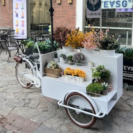 Kiosnya diaktifkan ke sepeda roda tiga, makanan ringan, mobil kios bergerak, stand pajangan pasar malam, promosi mobil bunga