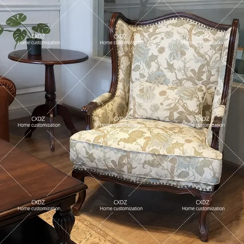 American Country Style Living Room Sofa Chair Retro Solid Wood Tiger Chair Fabric Single Leisure Chair for Small Apartment