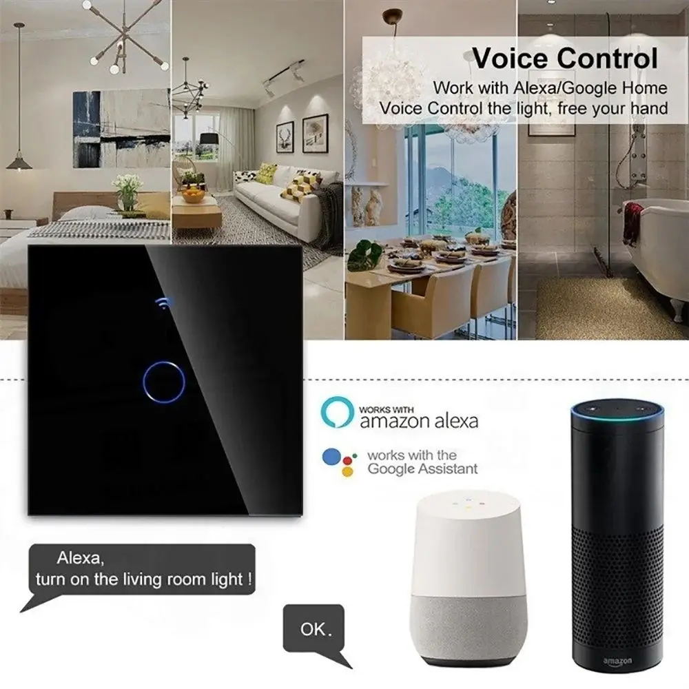 Умный Wi-Fi переключатель Tuya, сенсорный выключатель стандарта ЕС 1/2/3 клавиши, без нейтрального провода, Настенные переключатели, для Alexa и Google, Голосовое управление