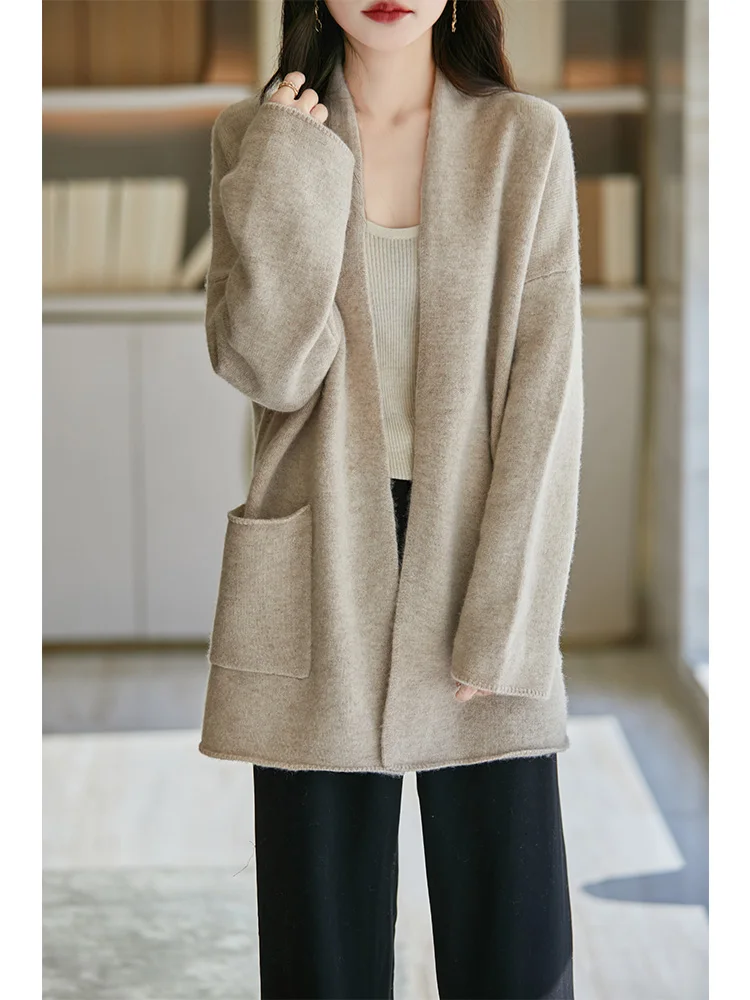 

New Fashion Autumn Winter Women Sweater 100% Merino Wool Knitwear Office Lady Solid Cardigan Long Sleeve Soft Cashmere Outerwear