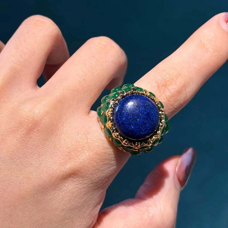 Vintage Large Natural Lapis Lazuli Stone Rings Antique Dense Green Glasses Beads Yellow Retro Designer Jewelry Luxury New 2026