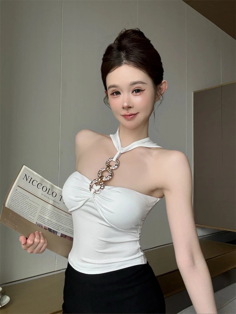 Naked Metal Ring Halter Top Slim Fit Crew Neck Single Piece Thin Sexy Trendy Vest for Young Women Commute Style Summer Fashion