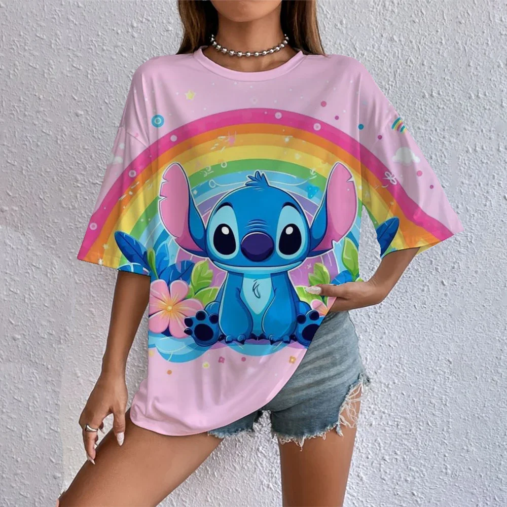 

Disney Summer T-shirt Cute and Funny Female Cartoon Lilo&Stitch Pattern Short Sleeve T-shirt Casual Fashion Printed Clothing