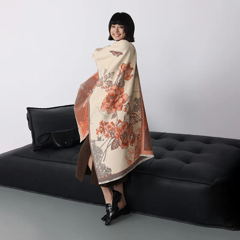 

New elegant floral pattern shawl, versatile for autumn and winter, thickened for warmth, dual-use long faux cashmere scarf