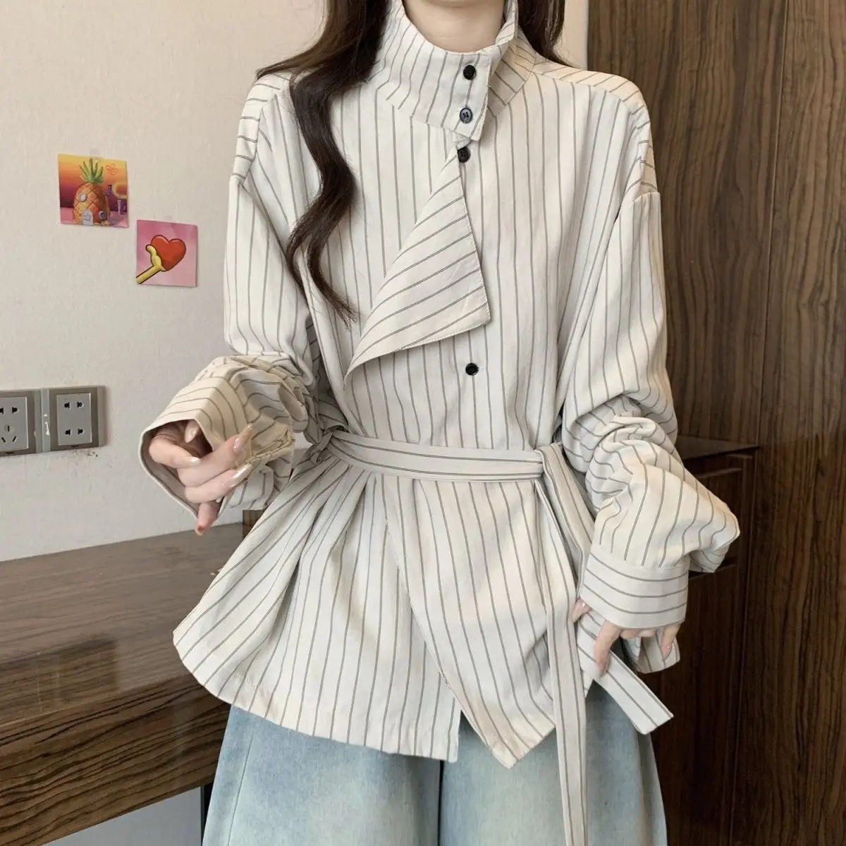 

Korean Sle Striped Gentle Long Sve irt Women Spring Autumn New High-End Lightweight Youth Waist Inward Top French Sl...