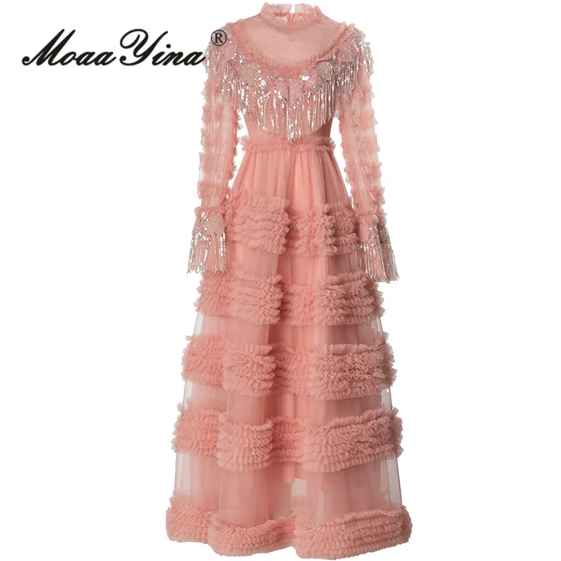 

MoaaYina Summer High Quality New Arrivals Women Dress Vintage Solid Color Net Yarn Cascading Ruffle Tassel Temperament Dresses