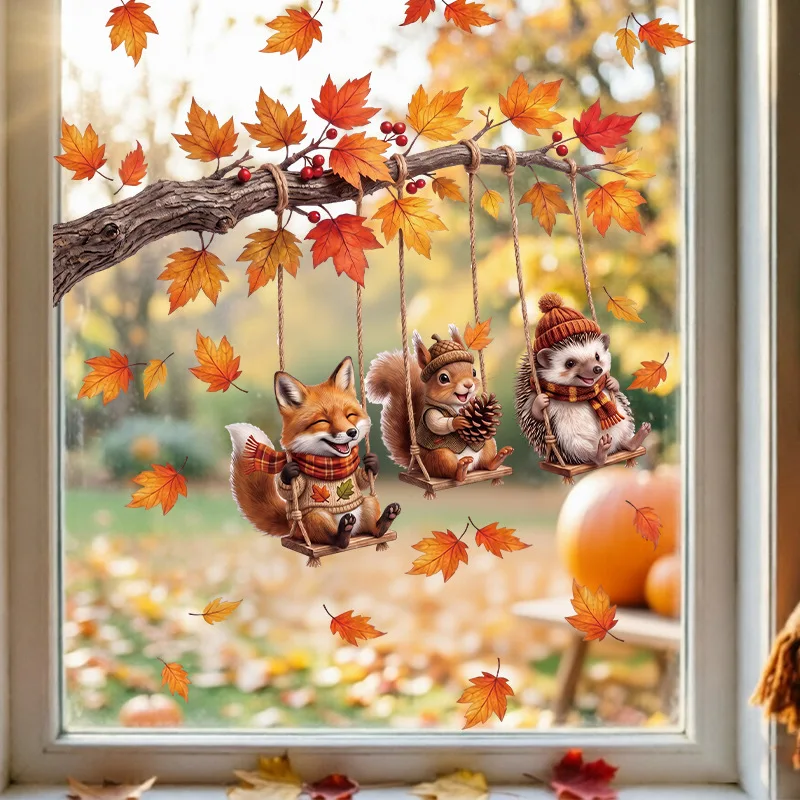 Double Sided Static Window Clings No Glue, Cute Cartoon Fox Squirrel Hedgehog Maple Leaf Window Stickers For Home Decor