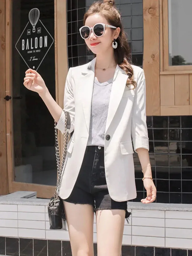 Senhoras blazers azul cor sólida fino três quartos mangas verão blazer fino feminino terno casacos feminino casual branco preto jaqueta