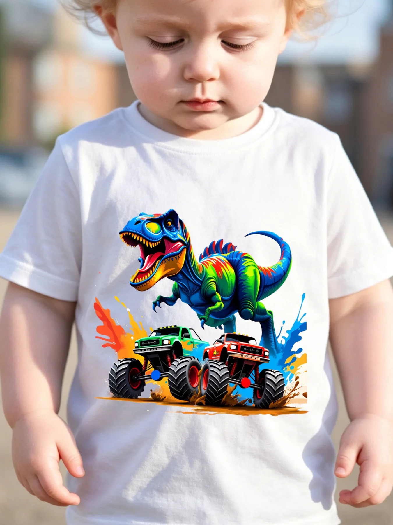 Kids Boys Girls Parent Child Matching Tee Cool Dinosaur Monster Truck Graphic Print Short Sleeve Crew Neck Soft Daily Wear Tee