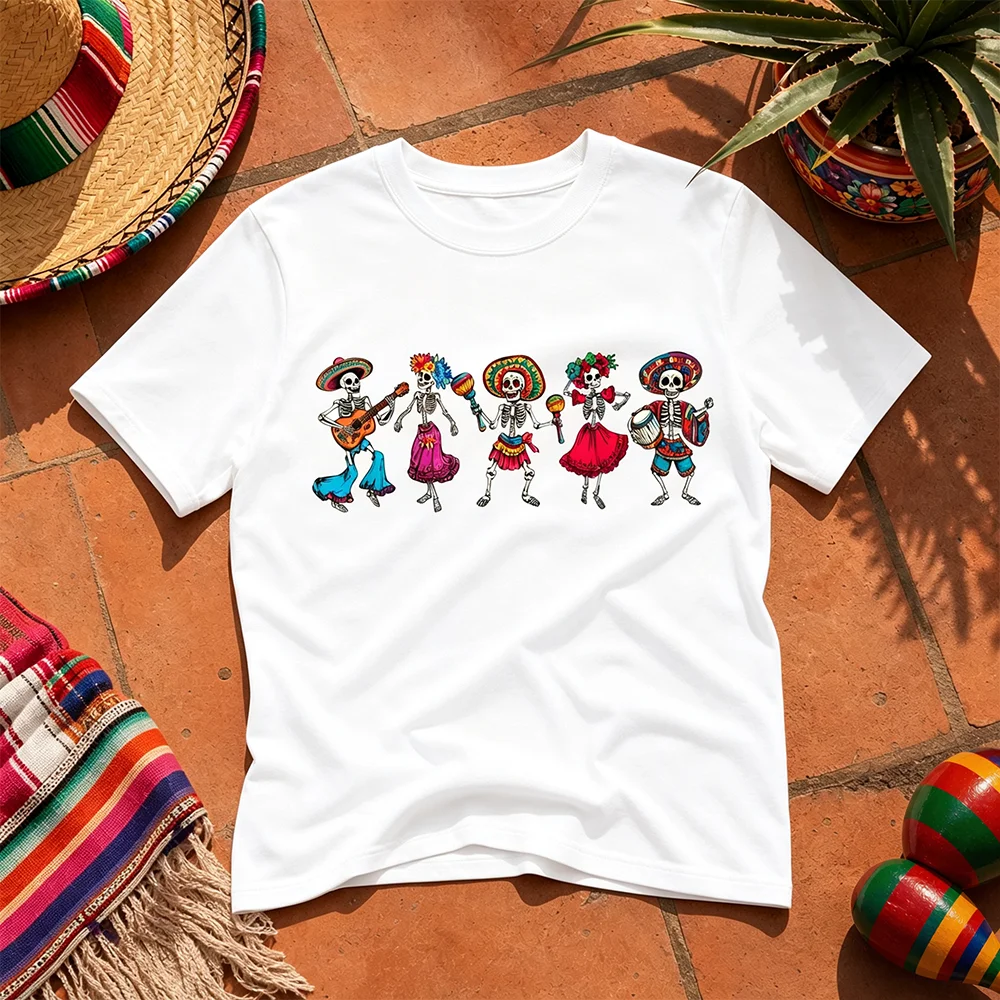 Unisex Breathable Skeleton Band Tee Short Sleeve Parent-Child Day of the Dead Fiesta Celebration Summer T-Shirt for All Ages