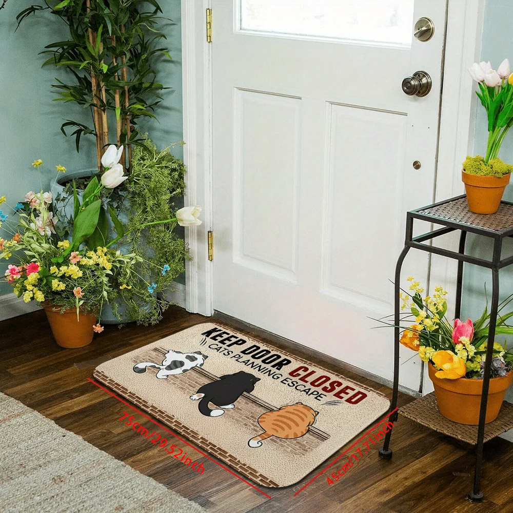 Funny Cat Keep Door Closed Shaped Rug Cute Kitten Escape Quote  Non Slip Washable Floor Mat for Entryway Front Door Home Accent