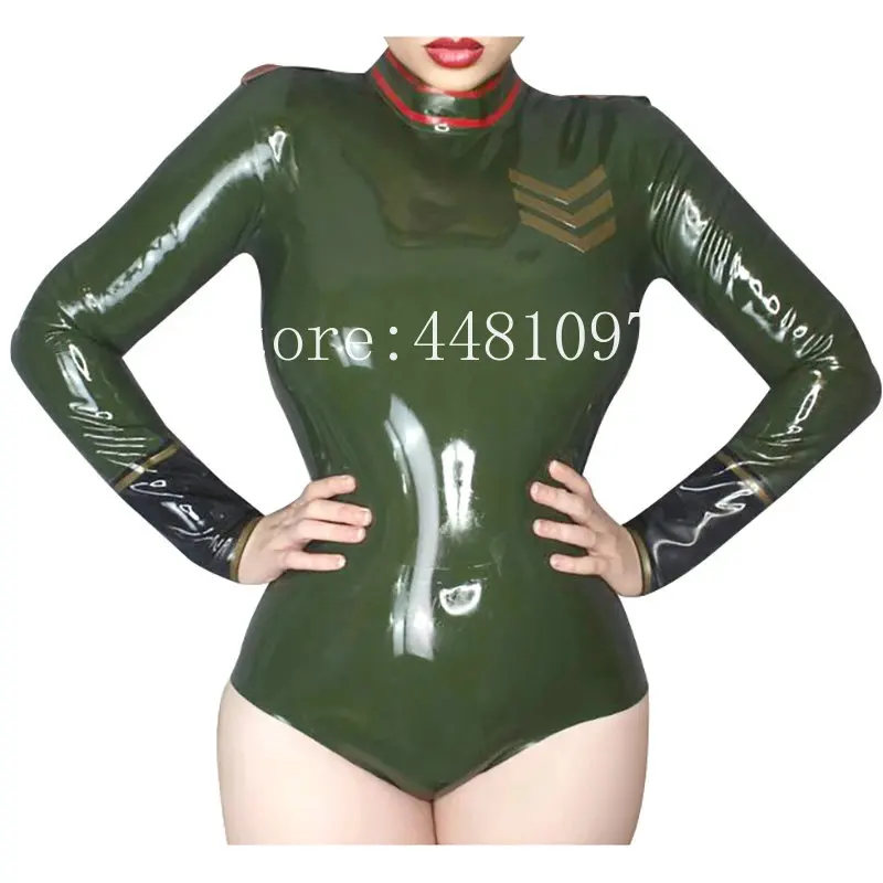 

Latex Swimsuit Army Green with Red Catsuit Bodysuit Long Sleeves with Back Zip Rubber Cosplay Costume for Women