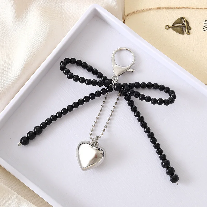 Lovely Heart Pearl Beaded Bowknot Pendant Phone Case Keychain Women and Girls Backpack Key Decoration Ornaments Gifts