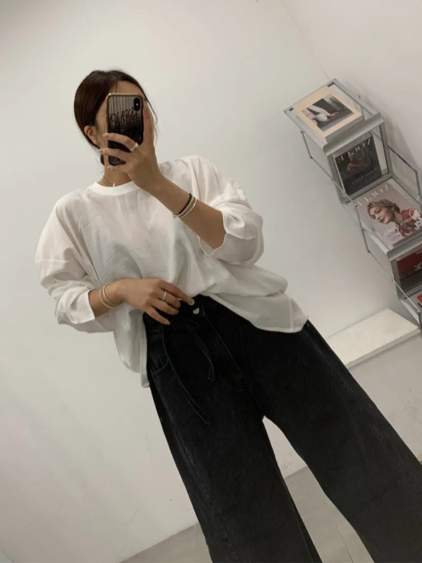 Afslankende denim jeans met hoge taille en wijde pijpen Dames Faion Lente Herfst Gevouwen Chique Self-Kee Lange broek Street Sle