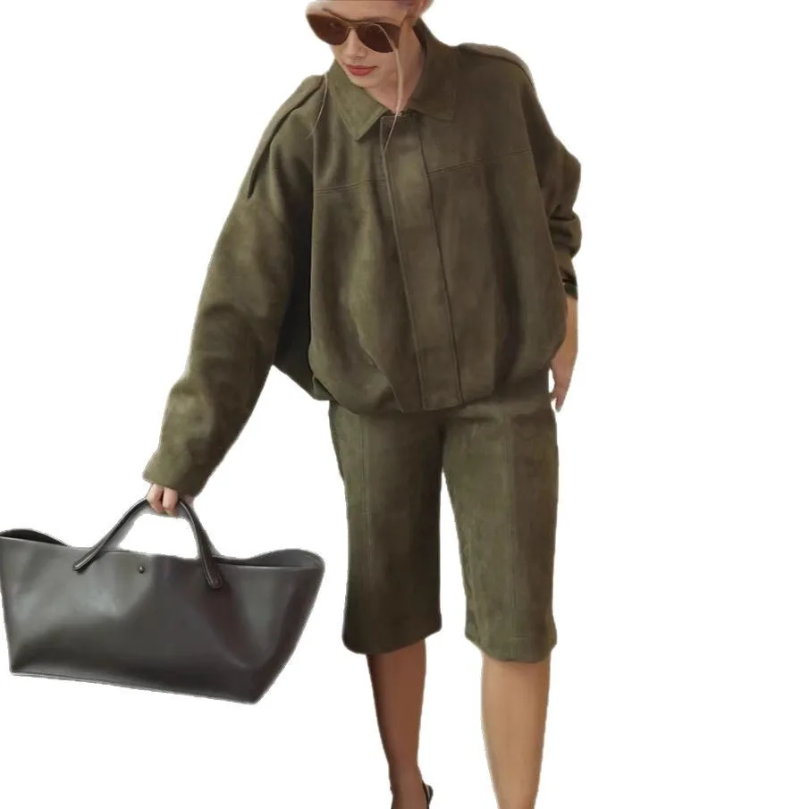 2025 Spring New Loose Short Coat for Women  French Retro Zip Lapel Suede  Elastic Waist Jacket Outerwear