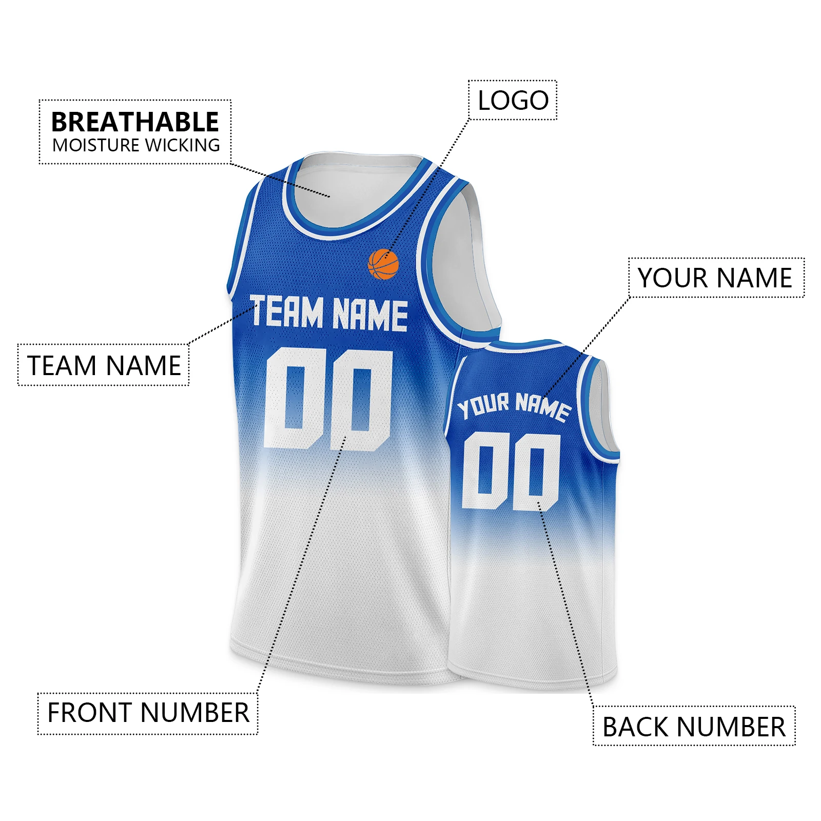 Blue White Gradient Custom Basketball Jersey Personalized Team Name Number Sleeveless Hip Hop Shirt Men Boy Team Uniforms