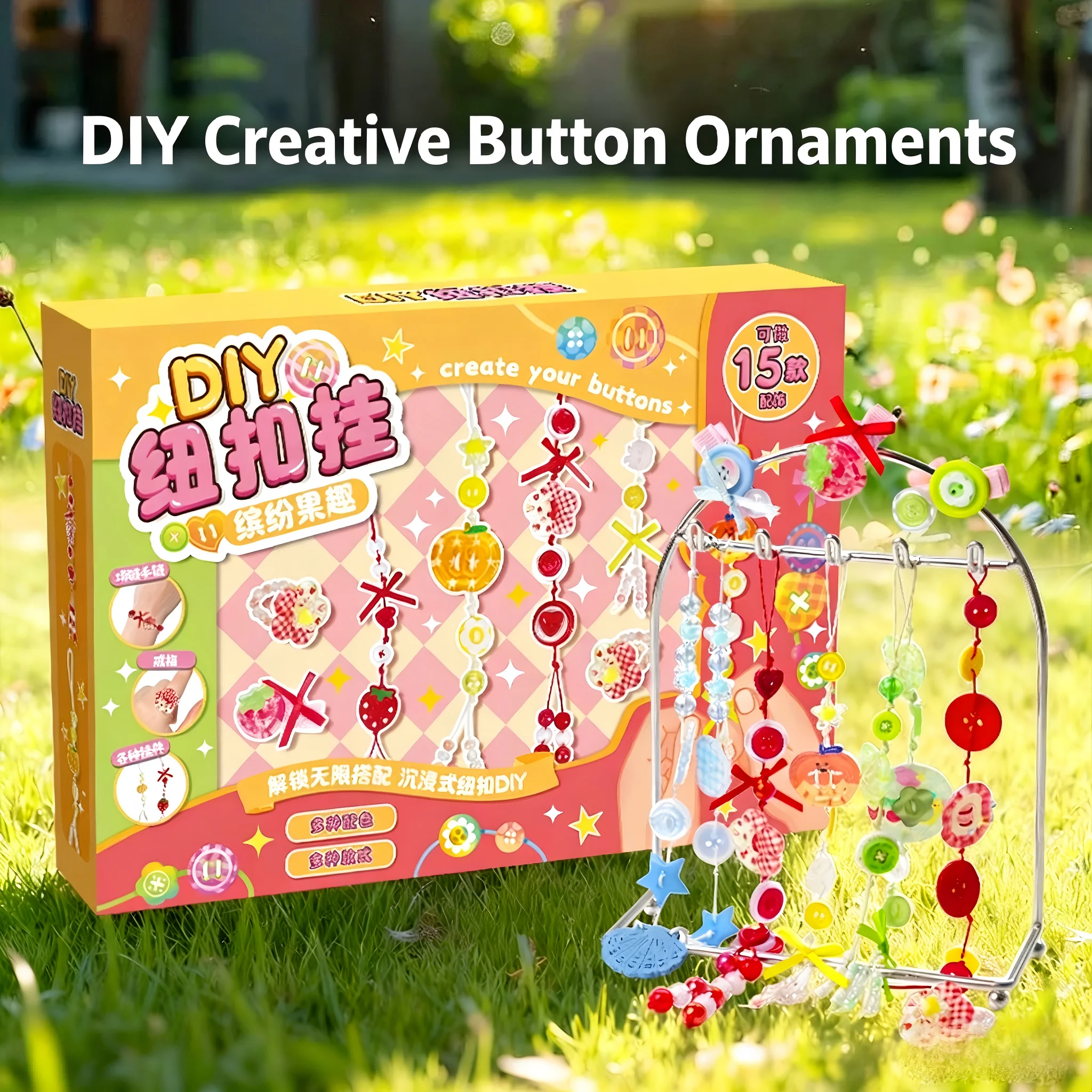 DIY Button Pendant Craft Kit, Handmade Making Set with Rope Necklace Hair Clip & Beads, Home Decor, Creative Gift for Kids Girls
