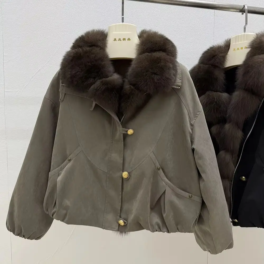 Fur Coat Luxury Natural Fox Fur Collar Down Coat,Women Cropped Windproof Winter Parka,Removable Fur Women's Winter Down Jacket
