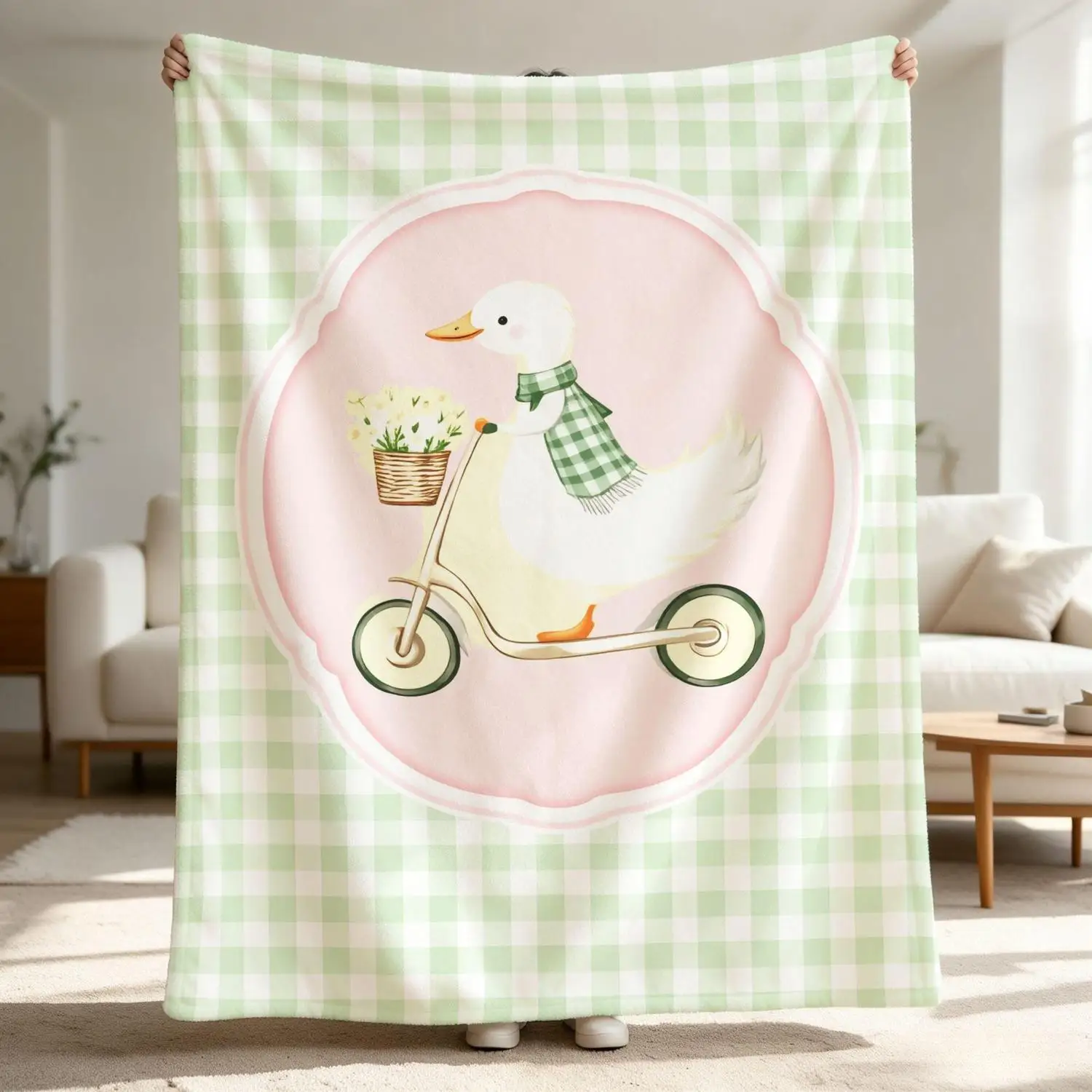 [Flannel Blanket] Cute Duck Scooter Pattern Flannel Blanket, Green Plaid Farmhouse Style Decoration, Gift for Animal Lovers