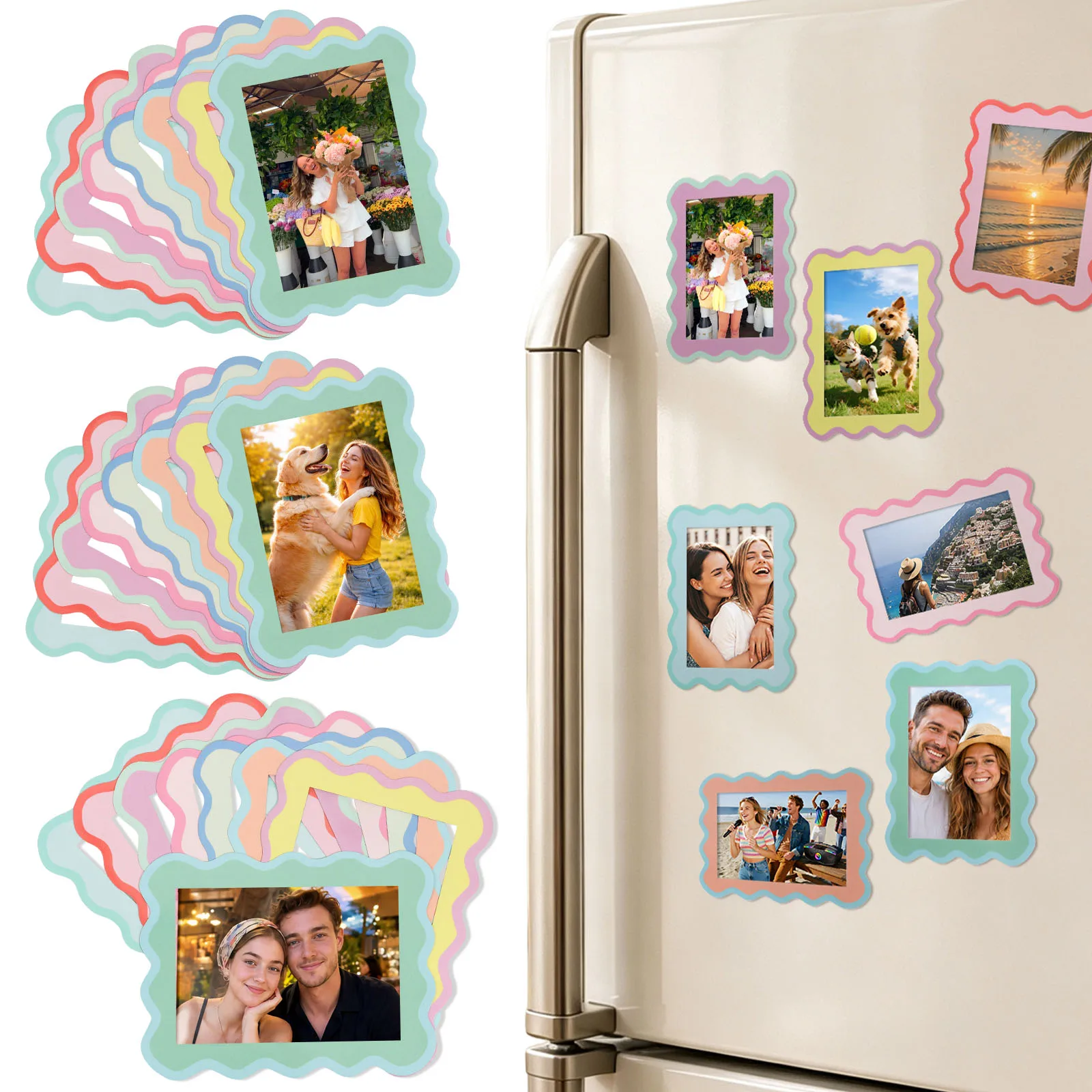 12/24Pcs Magnetic Photo Frames Scalloped Refrigerator Picture Frames Set PVC Soft Magnet Photo Frame for Home Photo Wall Fridges