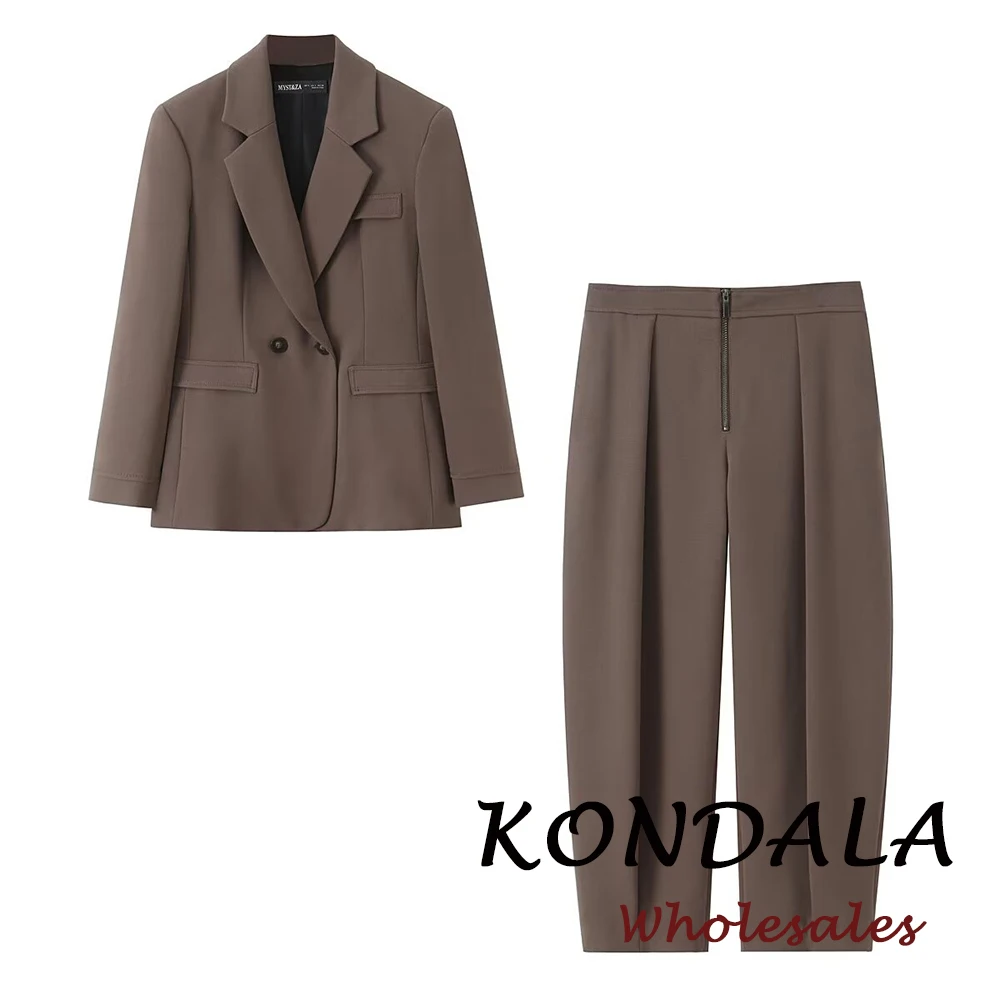 

KONDALA Chic 2025 Women Khaki Office Lady Suits Double Breasted Loose Blazer+Zipper Pockets Folds Pants Female Fashion Mujer Set