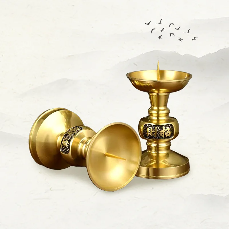 Brass household candlestick, tall base religious offerings, lamp stand worship, candle holder for Buddha, copper