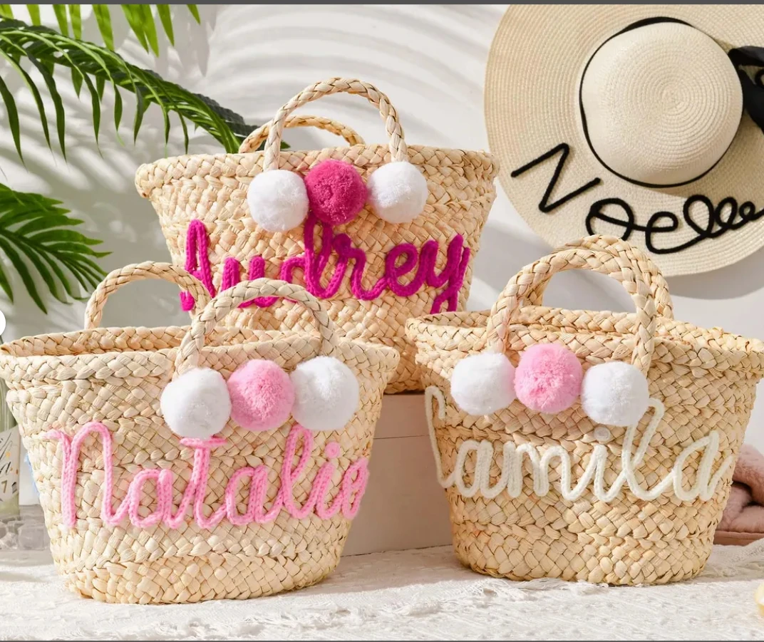 Personalized Easter Rope-Embroidered Basket With Colorful balls Egg Hunting Party 2025 New Woven Tote Bags Hand-made Mini bags