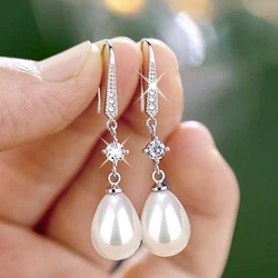 Huitan White Imitation Pearl Dangle Earrings for Women Temperament Bridal Wedding Ear Accessories Anniversary Gift New Jewelry