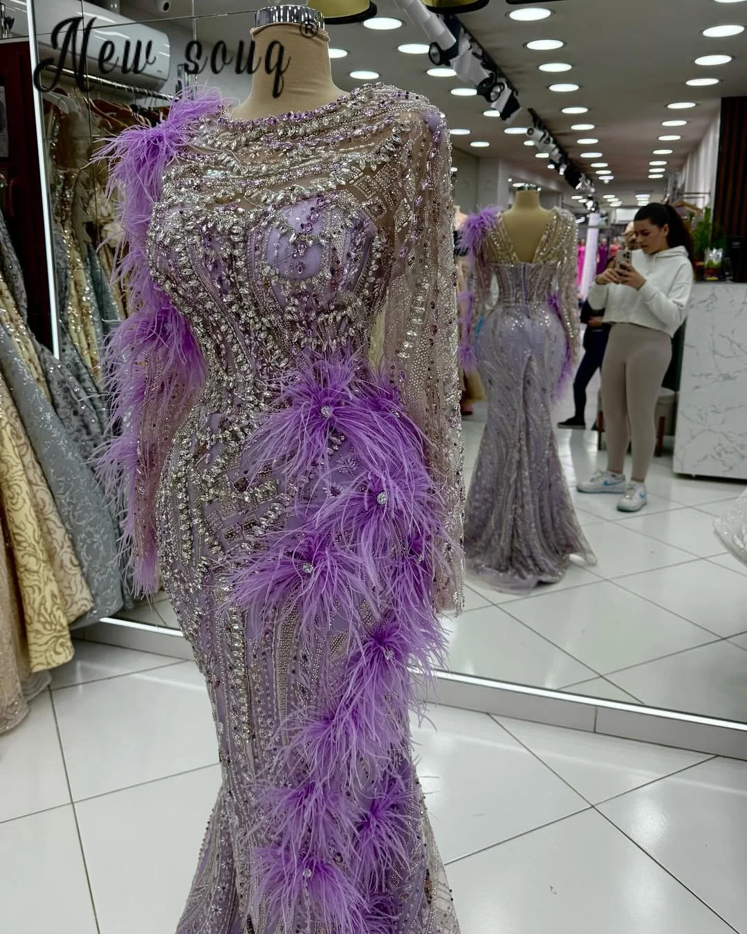 Vestidos de fiesta de manga larga, color morado y lila, lujoso vestido de invitados de boda con plumas, vestido de fiesta de cumpleaños árabe de Dubái personalizado