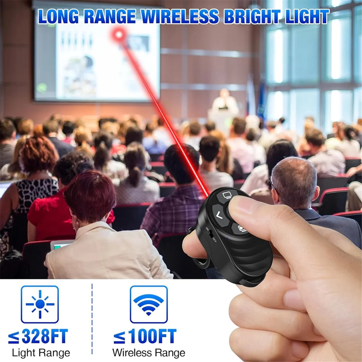 AA91 Rechargeable USB Type C Wireless Presentation Clicker, Finger Ring Presentations Powerpoint Clicker with Light Pointer