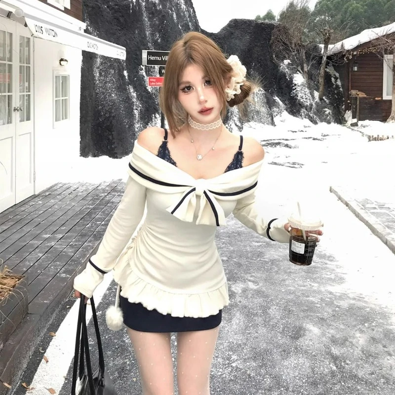 

Y2k Aesthetic Harajuku Streetwear Slash Neck Bow Korean Dresses Punk Patchwork Lace Blue Dress Fashion Popular Two Piece Sets