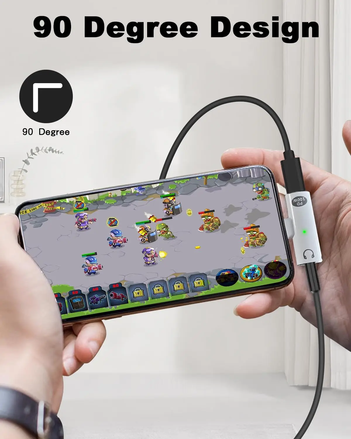 Adaptador de fones de ouvido 2 em 1 USBC e carregador USB C 100W PD, adaptador de fone de ouvido USB C de 90 graus com indicador de trabalho LED para iPhone