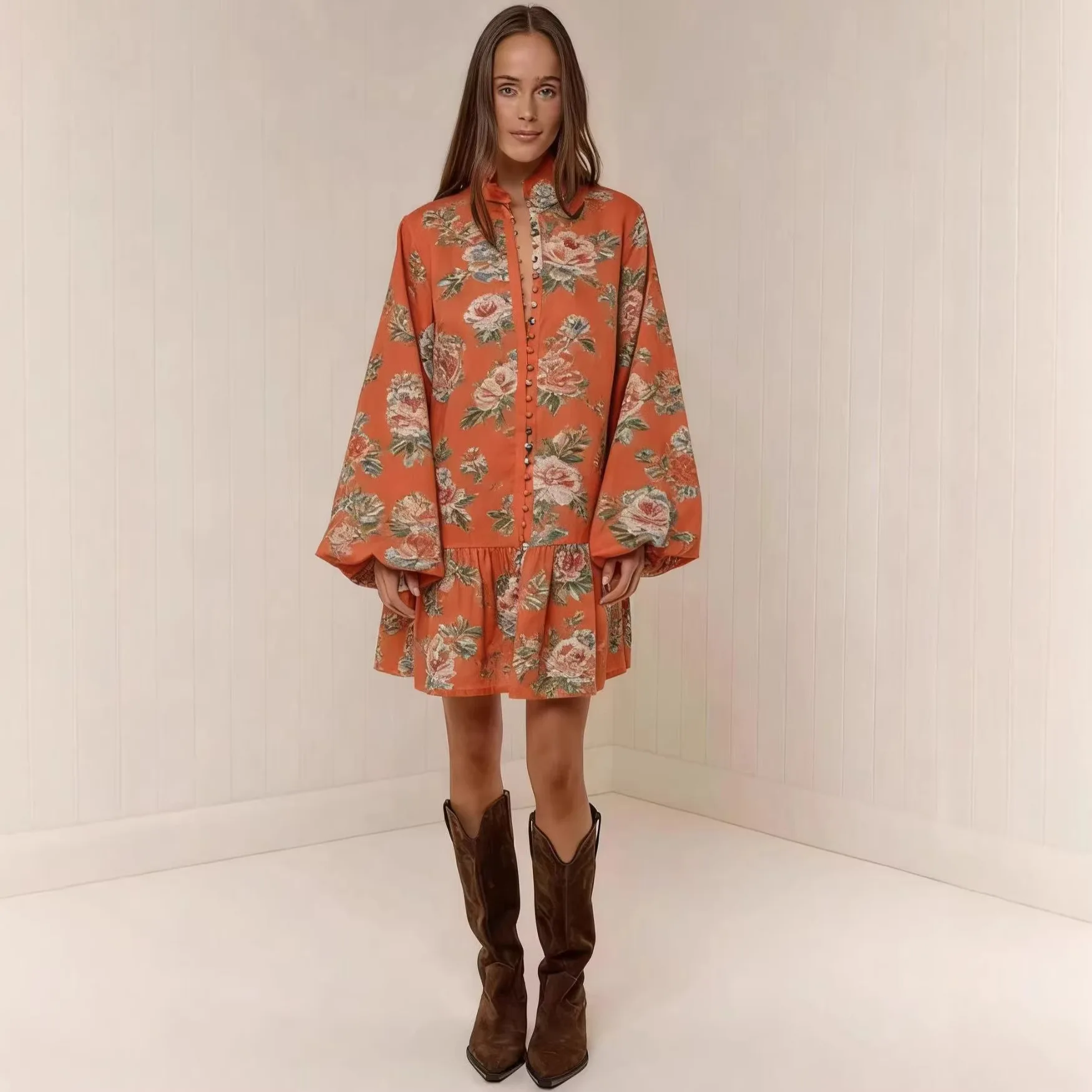 2026 New Spring and Summer Fashion Digital Printed Lantern Long Sleeve Dress Linen
