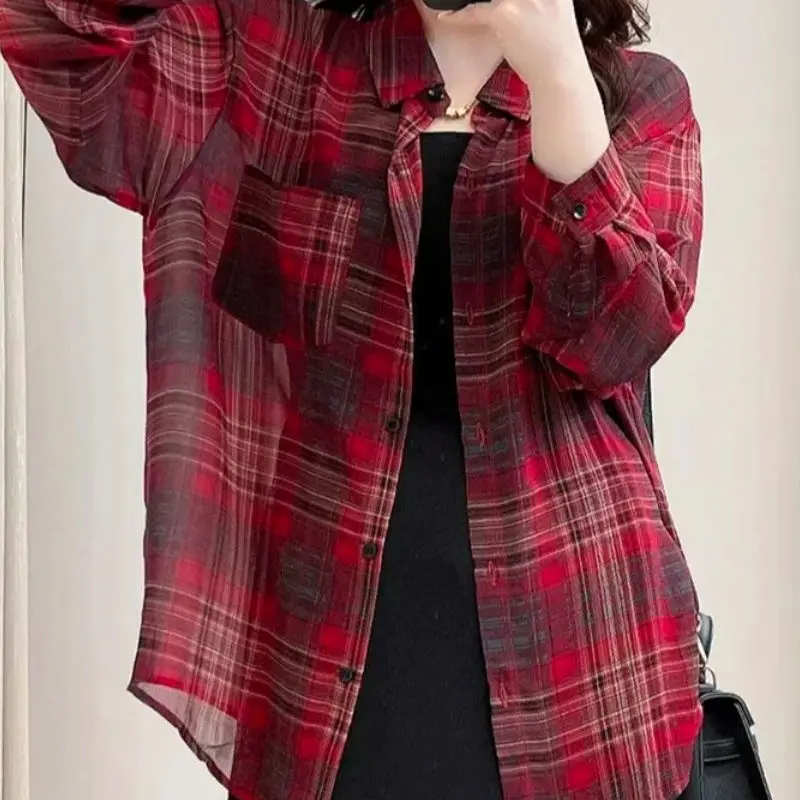 Summer Wear Everything Temperament 2024 Light Red Plaid Shirt Women Loose Cardigan Coat Top Above Translation Results from Youdao Neural Network