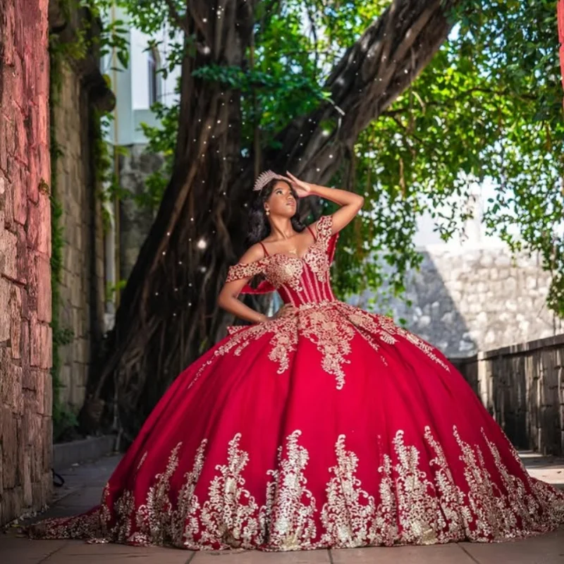 

Shiny Red Quinceanera Dress off-shoulder glitter Decal Long tail vestidos de 15 Quinceanera ﻿Customize