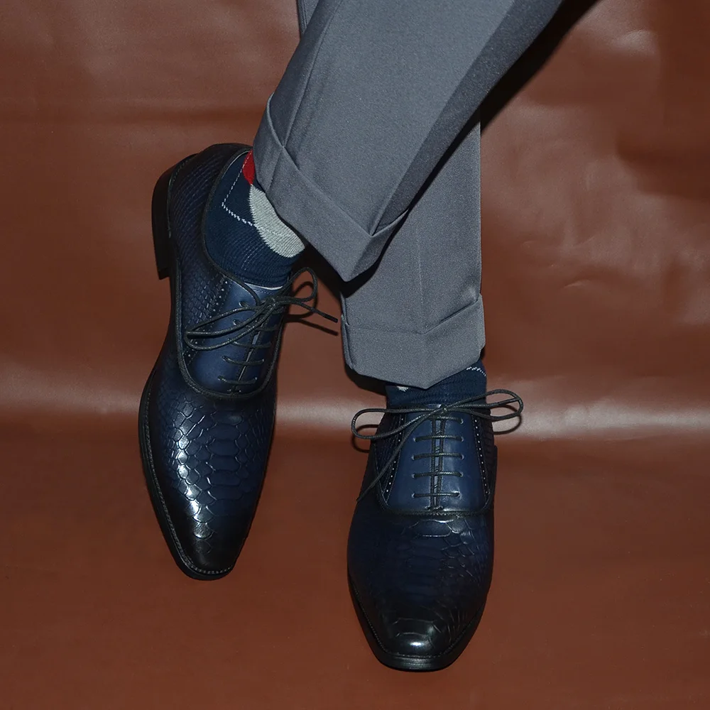 Cowhide Genuine Leather Men's Wedding Oxford Dress Shoes Blue Black Pointed Toe Snake Print Lace-up Business Formal Shoes Man