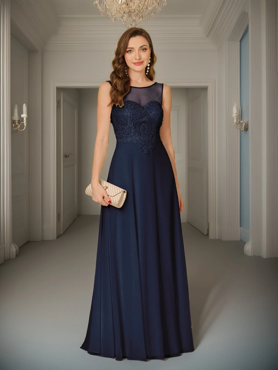 

MisShow Elegant Bridesmaid Dresses Sheer Illusion O-Neck V-Backless Evening Dress Beaded Lace Appliques A-Line Long Party Gowns